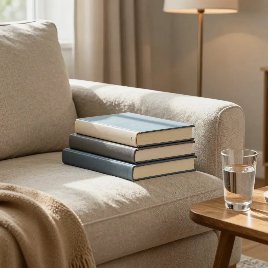 Salón cálido con libros de ensayo, vaso de agua, manta y lámpara apagada sobre sofá de lino.