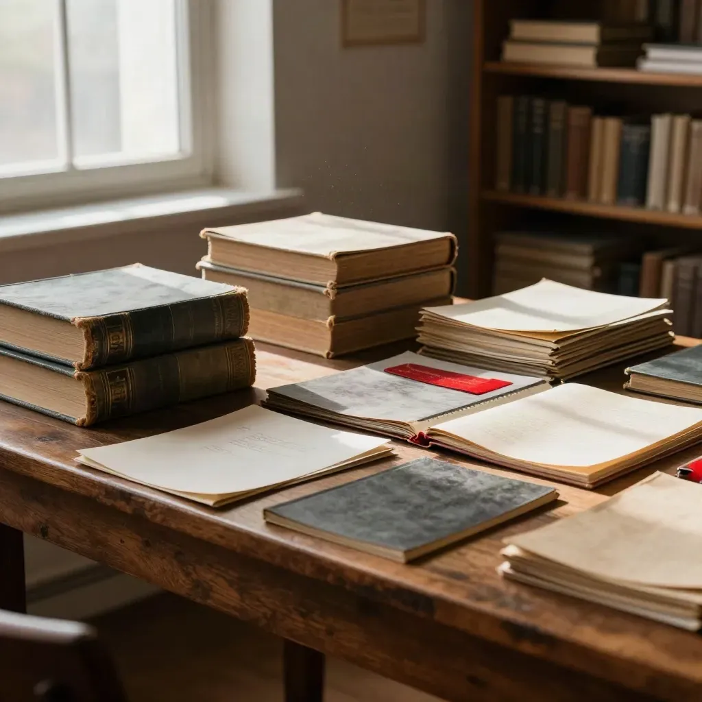 Sala de archivo con cajas de conservación, libros antiguos y luz diagonal de mediodía.
