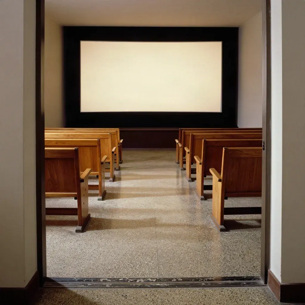 Sala vacía de cine de autor con bancos de madera y pantalla blanca tras la última proyección.