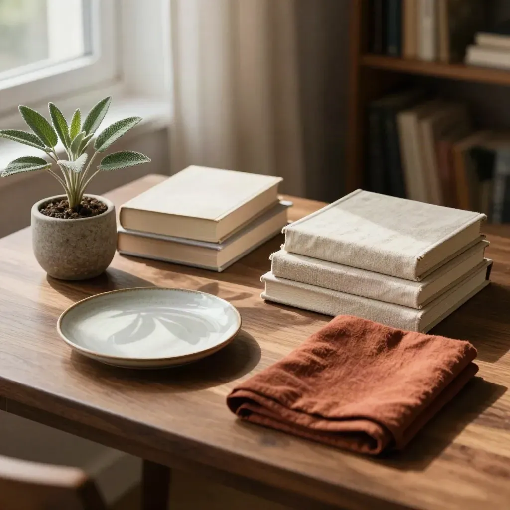 Cuatro libros cerrados, una planta pequeña, un plato cerámico y una tela en una mesa de lectura.
