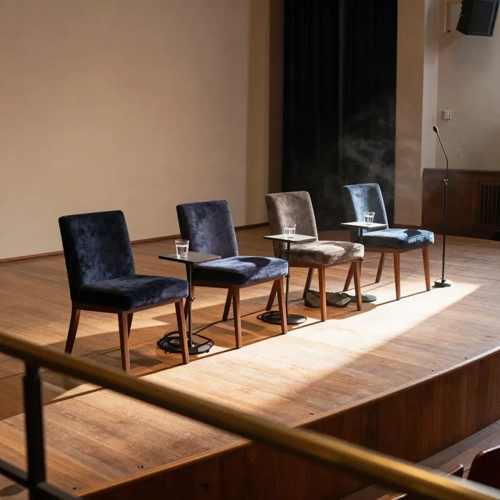 Escenario vacío de charla con cuatro sillas, vasos de agua y mesa de moderación antes del evento.