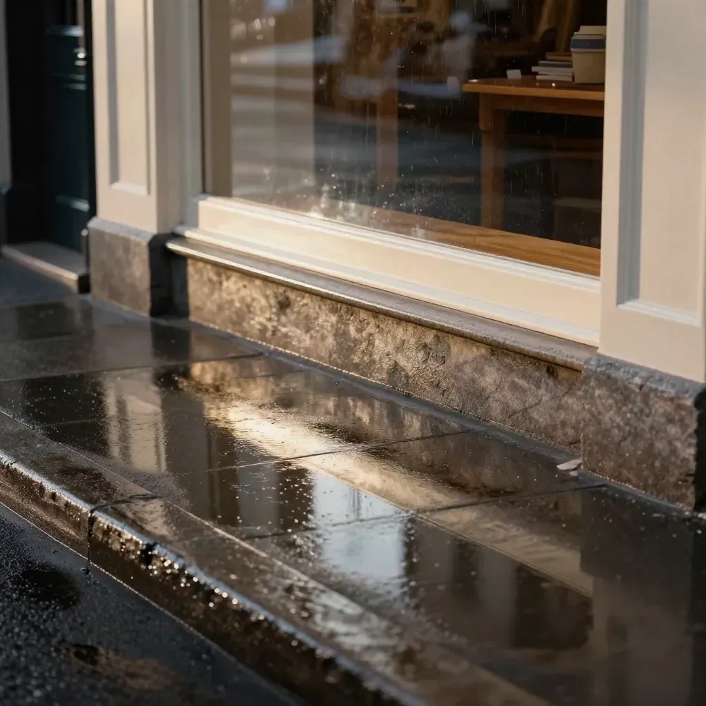 Fachada de librería reflejada en acera mojada tras la lluvia, con luz cálida lateral.