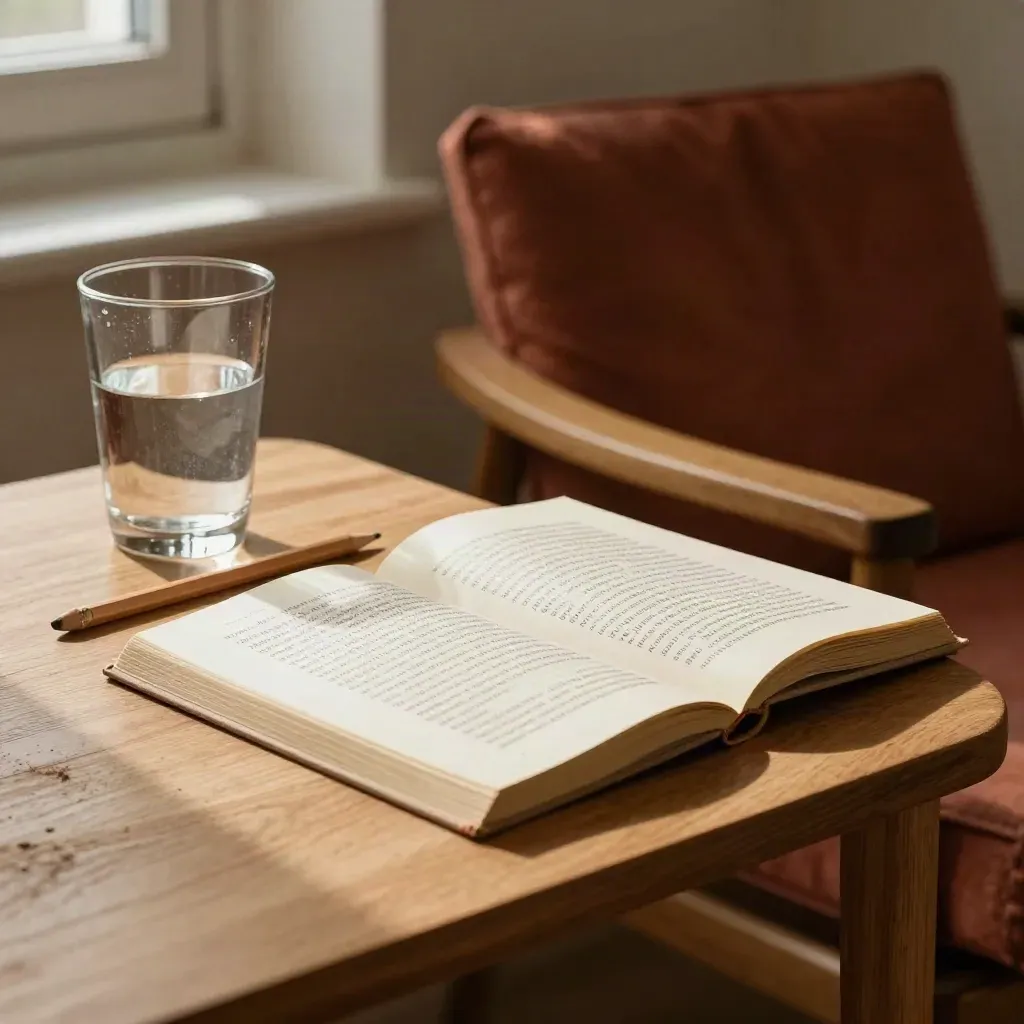 Rincón de lectura con una hoja doblada, lápiz corto, vaso de agua y silla vacía.
