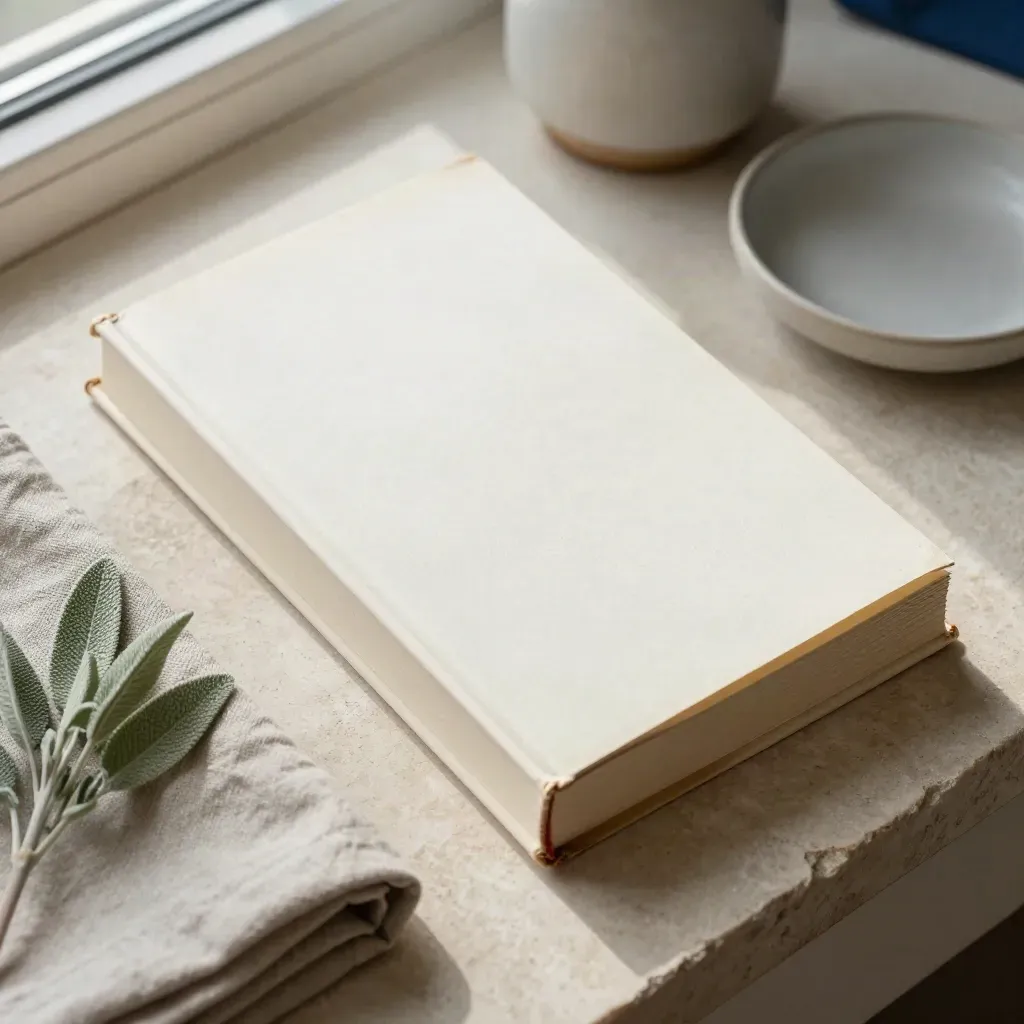 Libro de tapa dura cerrado con planta, lino y plato cerámico sobre piedra clara.