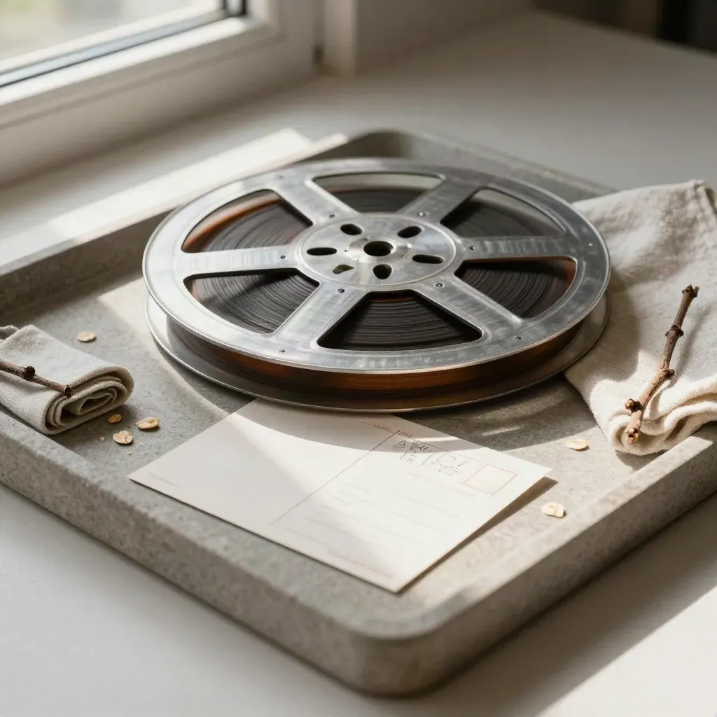 Bandeja de piedra con bobina de película, postal invertida, paño y rama seca, vista cenital.