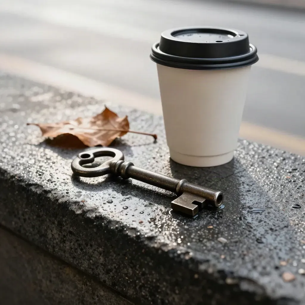 Llave antigua, vaso de café y hoja seca sobre piedra mojada tras la lluvia.
